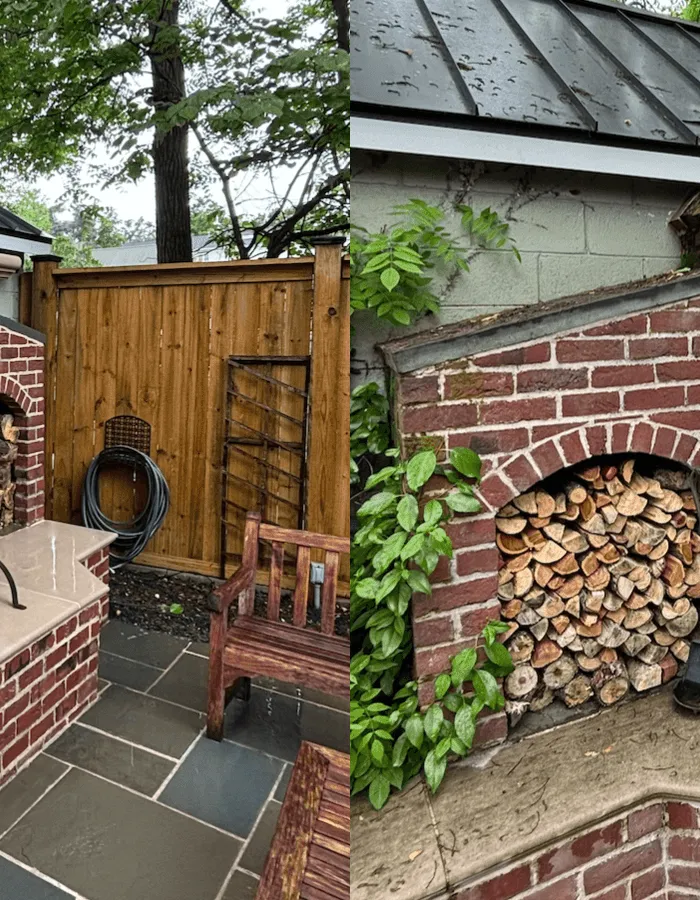 Before and after soft-wash cleaning of a brick outdoor fireplace, with soot and grime lifted from the brick and stone paving