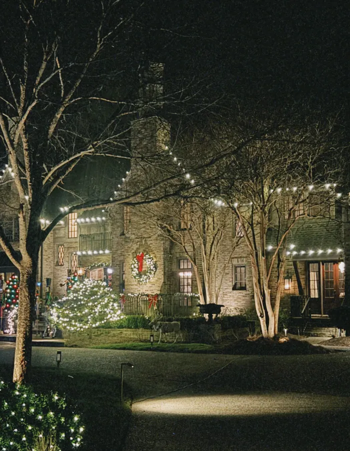 A Williamson County estate with professionally installed roofline and tree Christmas lighting at night
