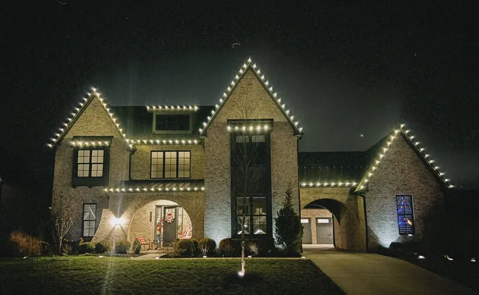 Custom Christmas lights installed along the roofline and landscaping of a Williamson County home