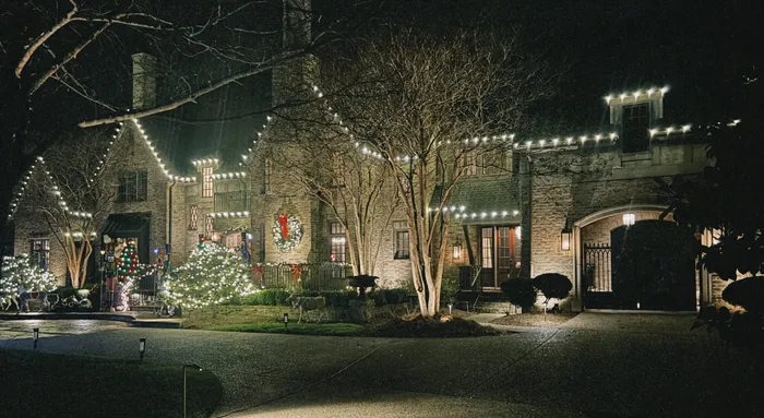 Warm white string lights wrapped around trees and shrubs for the holidays