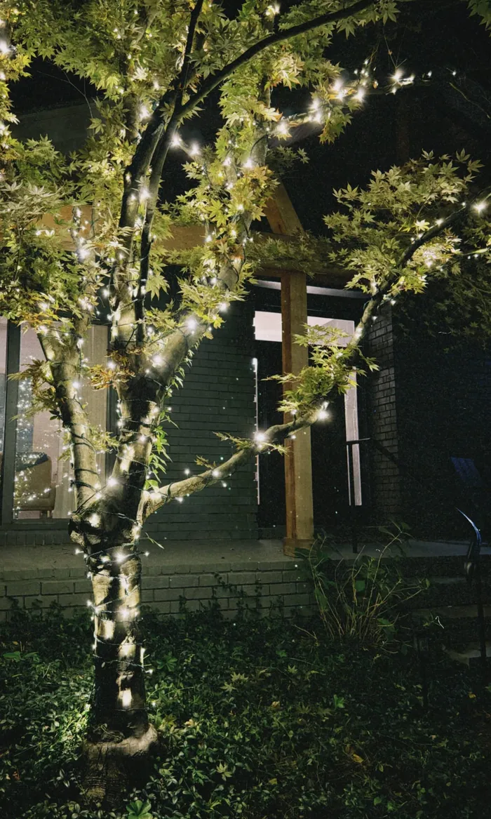 Warm white Christmas roofline lighting on a home in Williamson County, TN