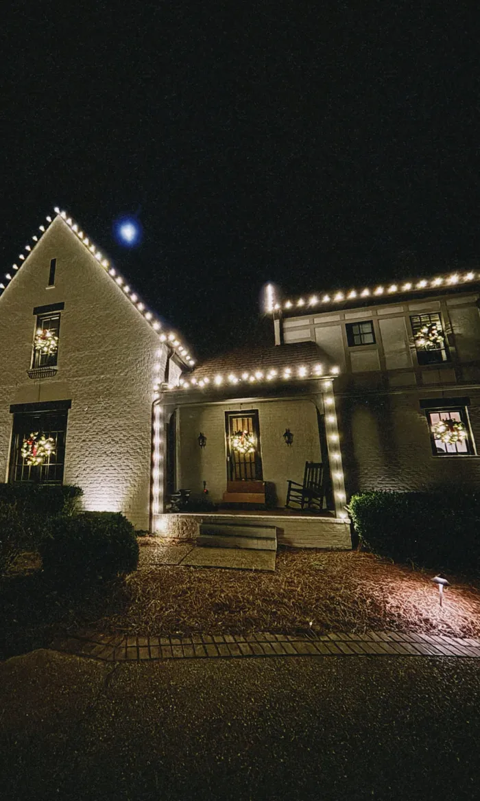Warm white string lights wrapped around trees and shrubs for the holidays