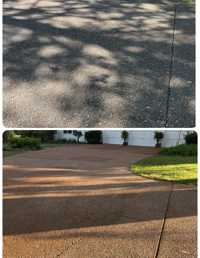 Close-up before and after of exposed aggregate concrete cleaning