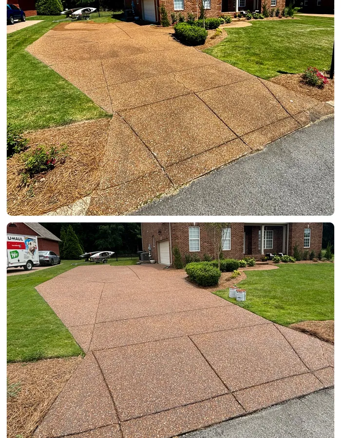 Before and after concrete sealing of a long exposed-aggregate driveway at a brick estate home