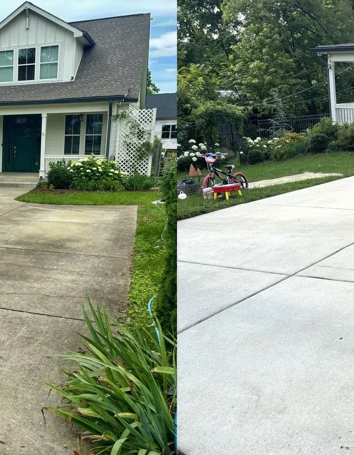 Before and after power washing of a residential driveway, showing dirt and staining lifted from the concrete