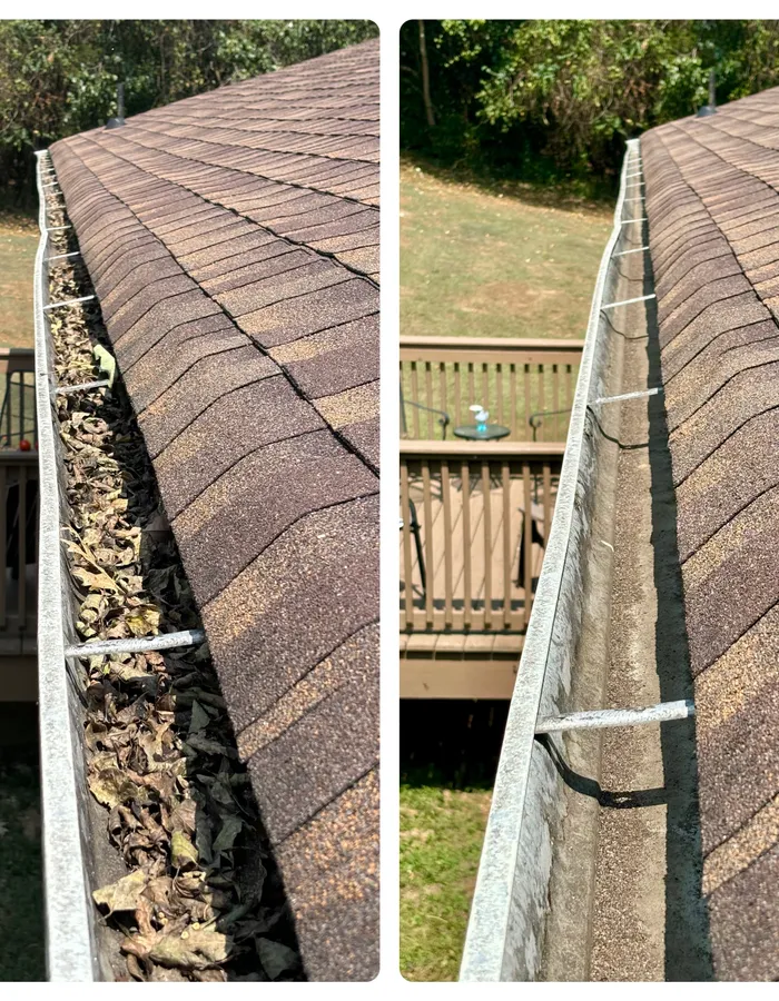 Before and after gutter cleaning, showing a gutter packed with leaves next to the same gutter fully cleared