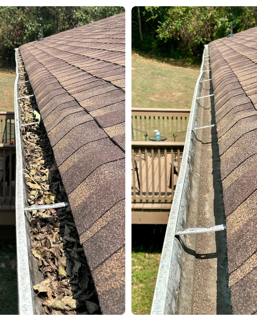 Before and after of a gutter cleared of leaves and debris