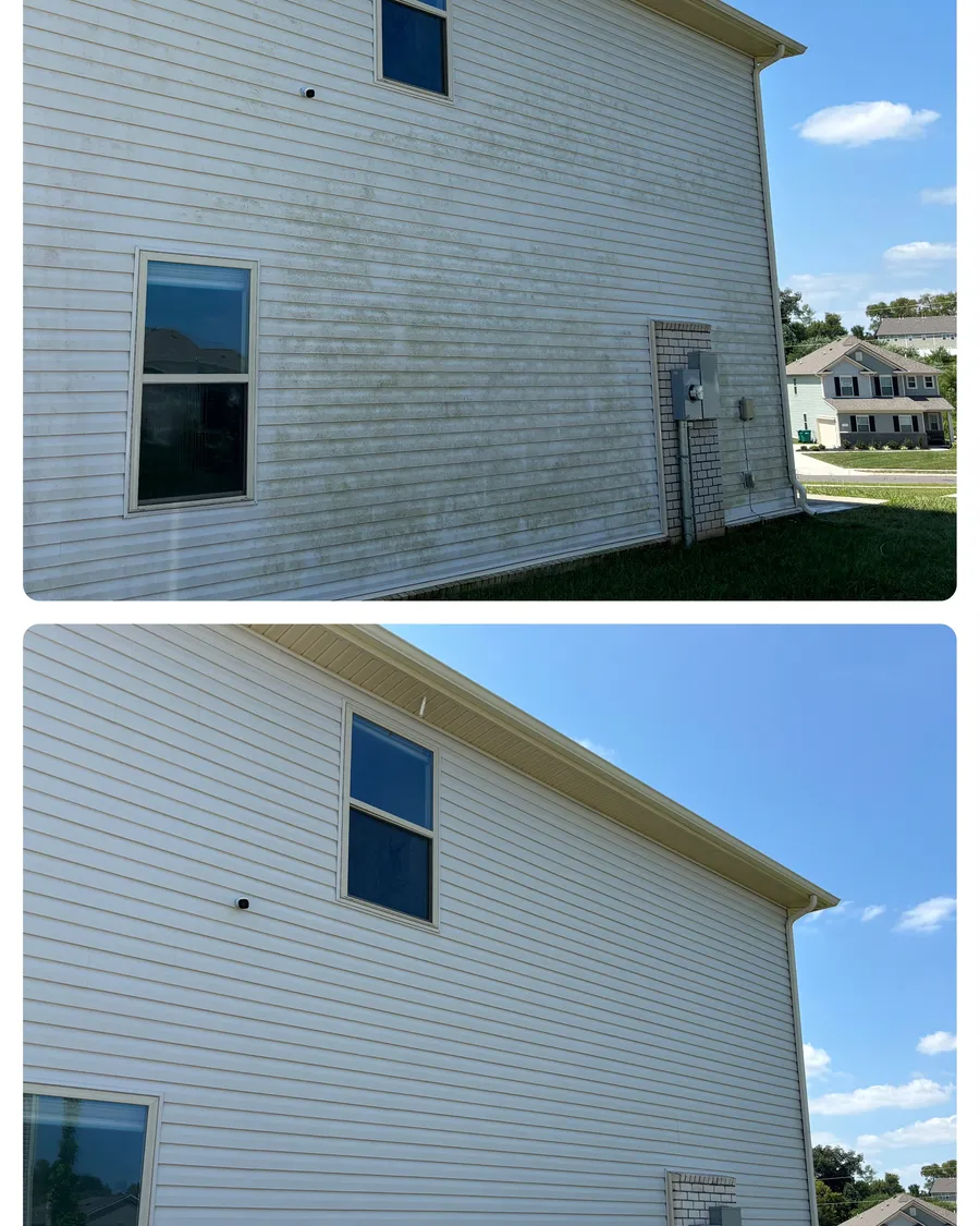 Before and after soft-wash house washing on vinyl siding in Williamson County, TN