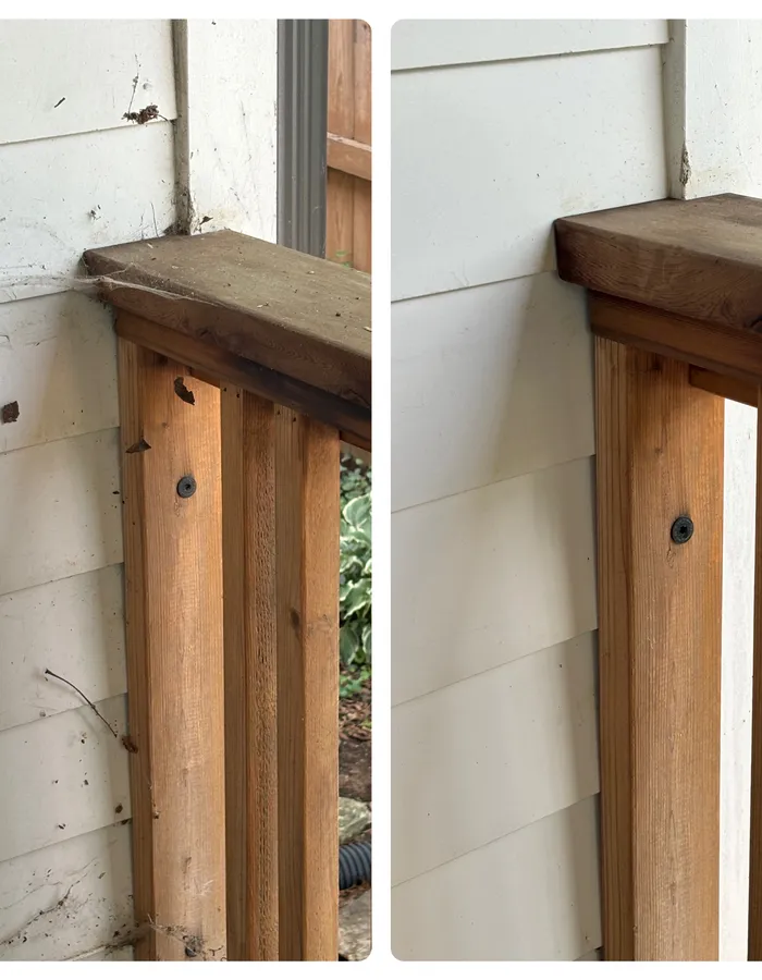 Close-up before and after of soft-washed siding and trim