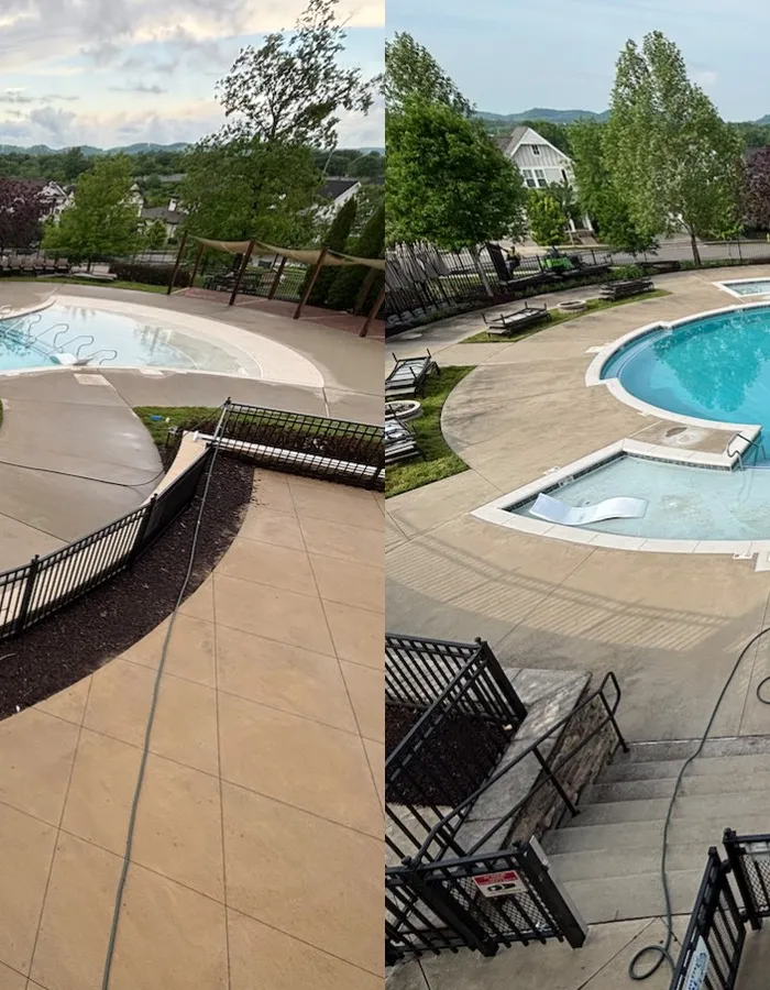 Before and after power washing of a community pool deck, showing algae and grime lifted from the concrete surface