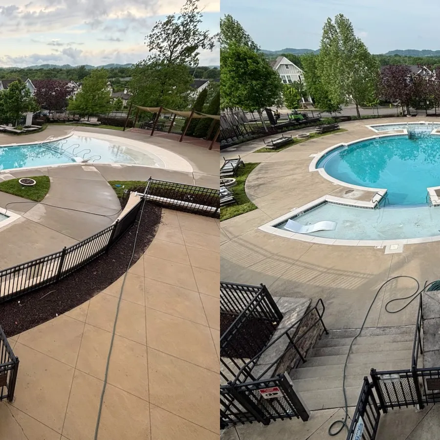 Before and after power washing of a community pool deck, showing algae and grime lifted from the concrete surface