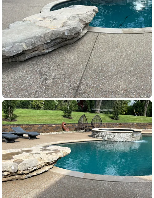 Stone patio steps leading down to a backyard pool
