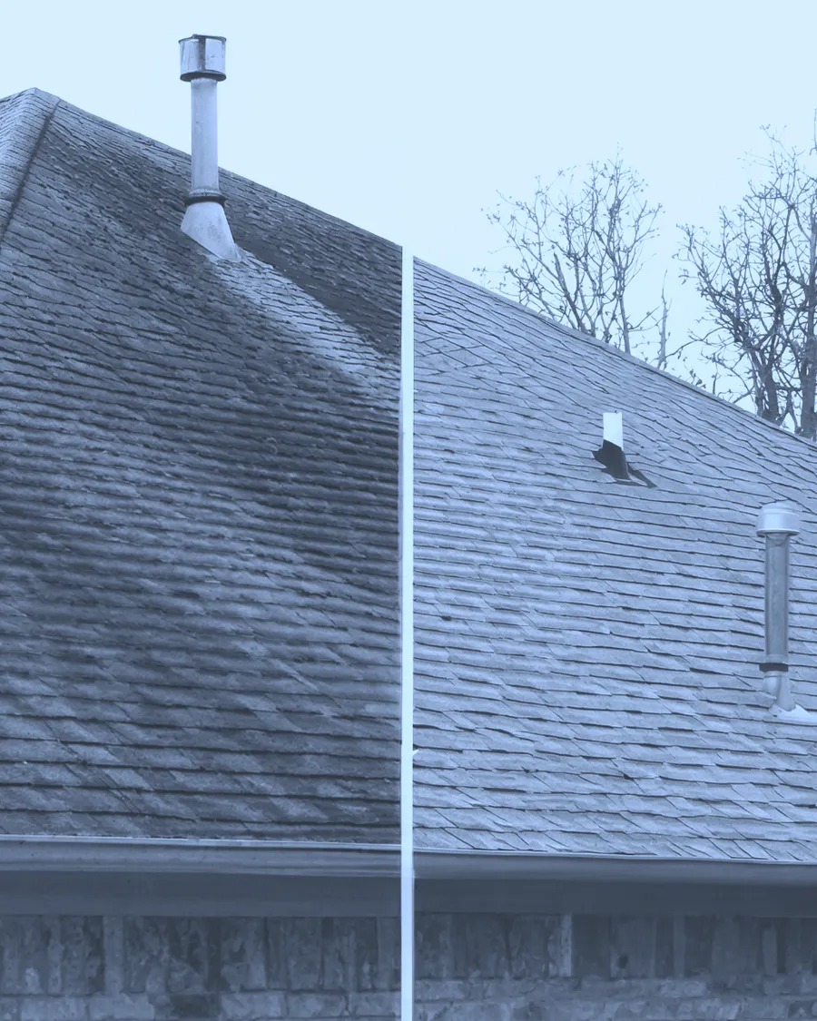 Before and after of a roof soft wash removing black algae streaks