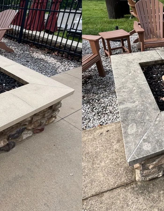 Before and after cleaning of a stone fire pit surround, with dirt and staining lifted from the stone