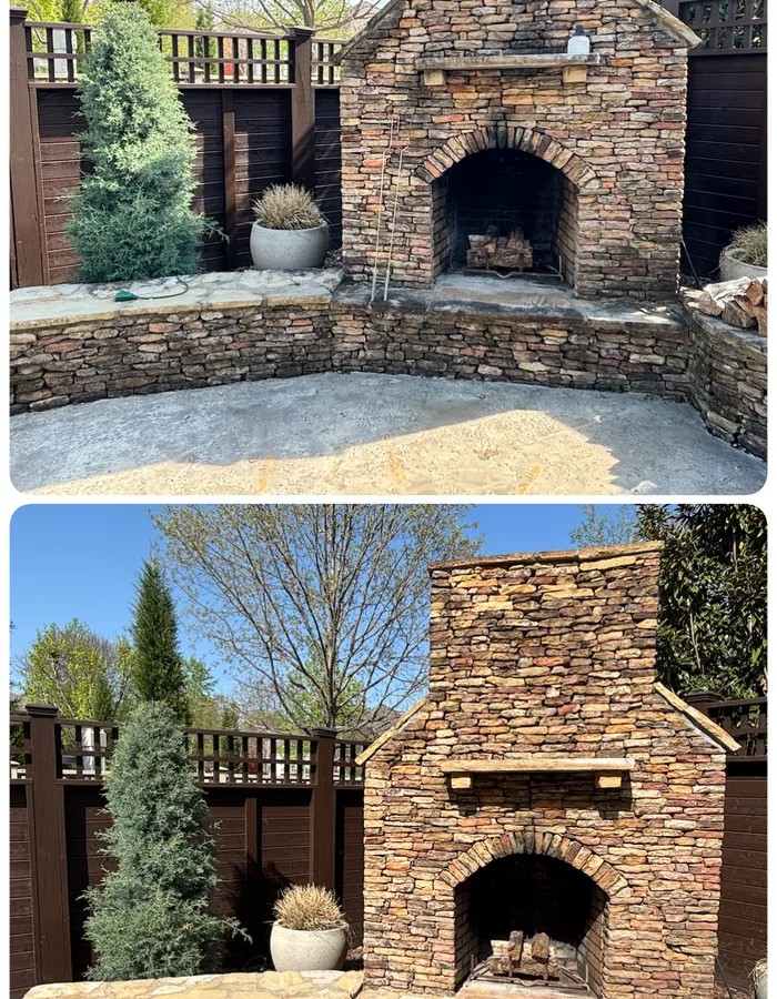Before and after soft-wash cleaning of a custom dry-stack stone outdoor fireplace