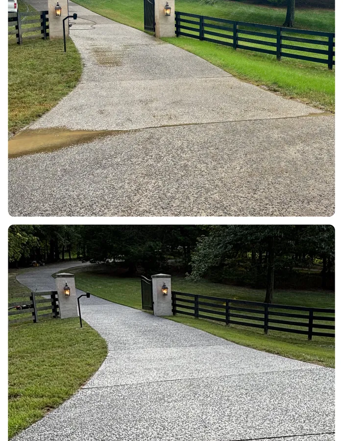 Before and after concrete sealing on a gated driveway, showing the sealed surface with richer color and sheen