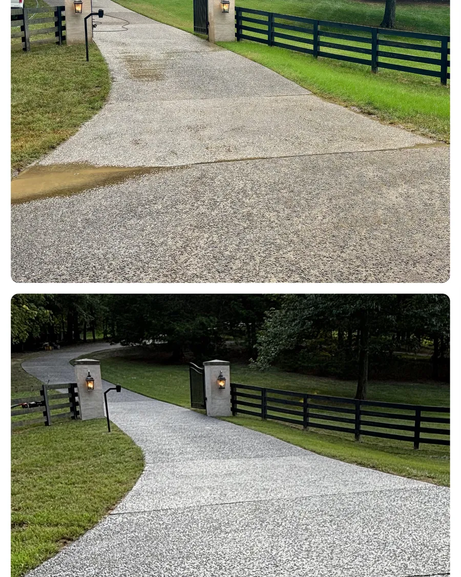 Before and after concrete sealing on a gated driveway, showing richer color and sheen