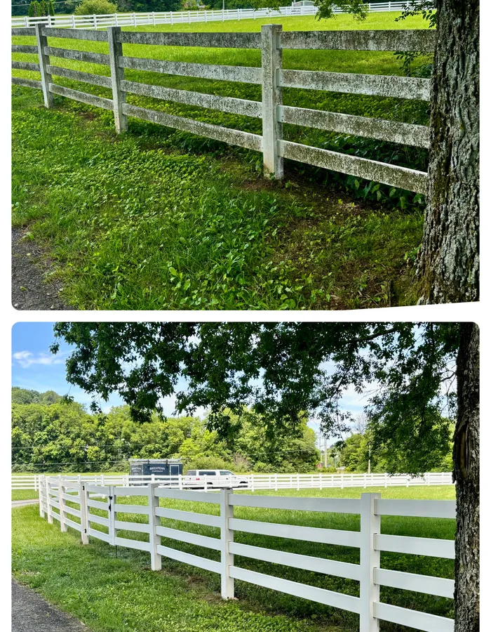 Before and after soft-wash cleaning of a white vinyl farm fence, with mildew and grime removed to reveal bright white rails